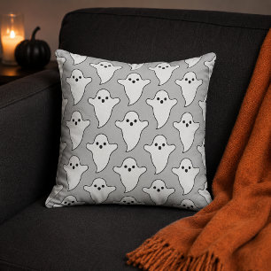 Spooky White Ghost Pattern Light Gray Throw Pillow