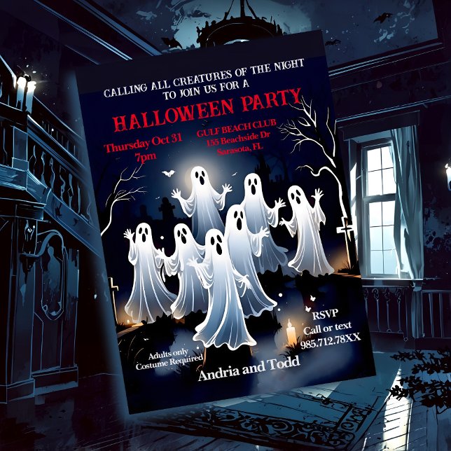 Spooky White Ghosts in Graveyard Halloween Party Invitation (Creator Uploaded)