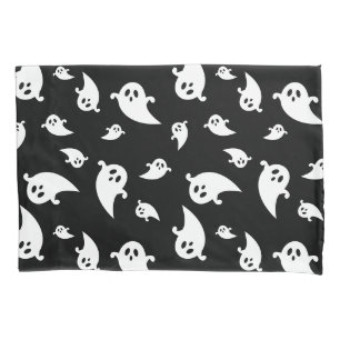 Spooky White Ghosts Pattern On Black Halloween Pillow Case