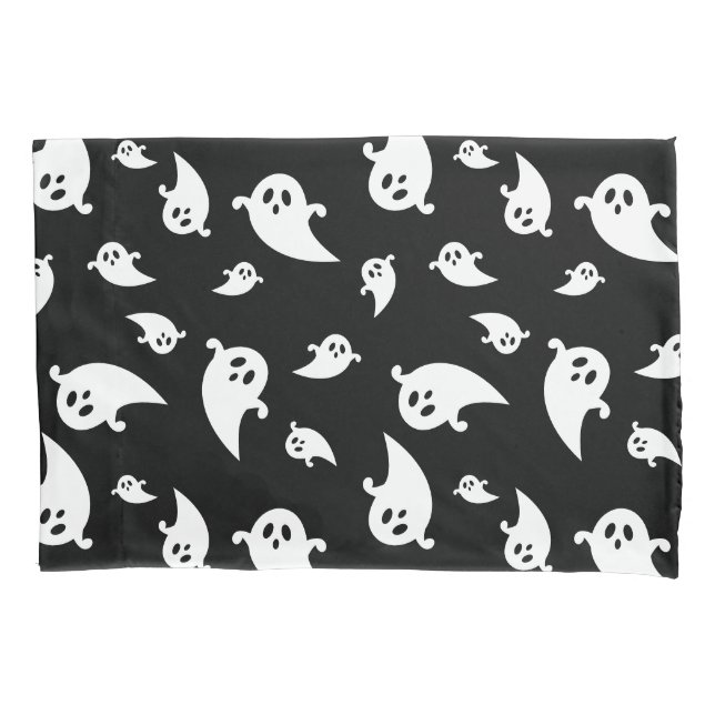 Spooky White Ghosts Pattern On Black Halloween Pillow Case (Front)