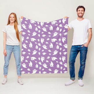 Spooky White Ghosts Pattern On Purple Halloween Fleece Blanket