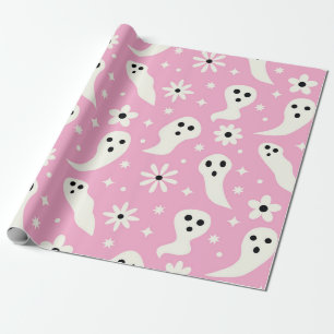 Spooky White Ghosts with Retro Flowers on Pink Wrapping Paper