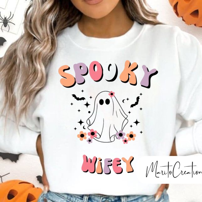 Spooky Wifey, Retro Floral Ghost, Halloween Wifey Sweatshirt (Creator Uploaded)