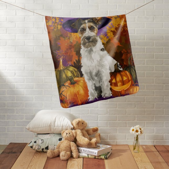 Spooky Wirefox Terrier Dog Halloween Witch Pumpkin Baby Blanket (In Situ)