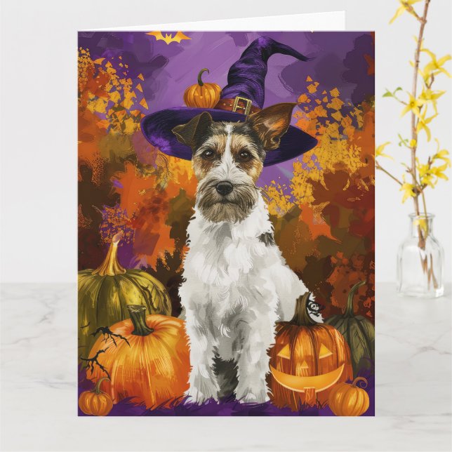 Spooky Wirefox Terrier Dog Halloween Witch Pumpkin Card (Yellow Flower)