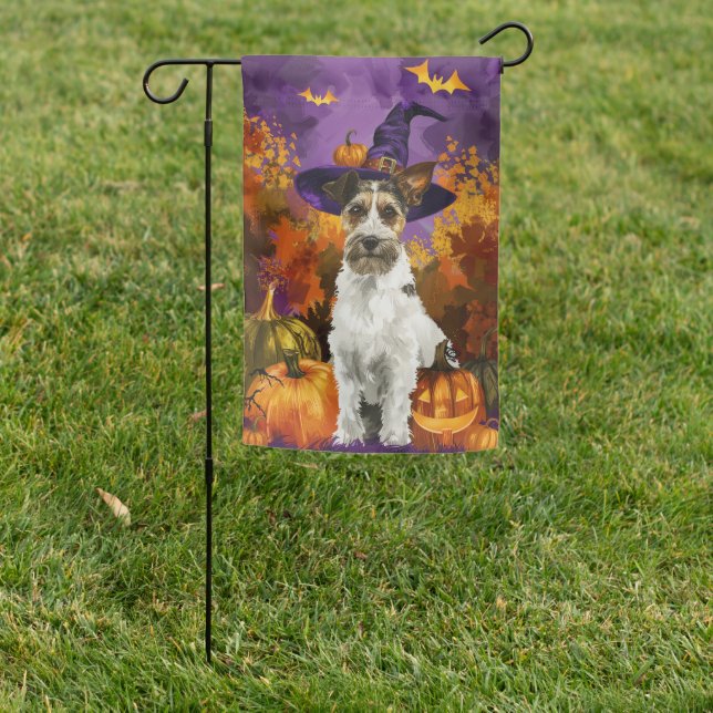 Spooky Wirefox Terrier Dog Halloween Witch Pumpkin Garden Flag (In SItu)