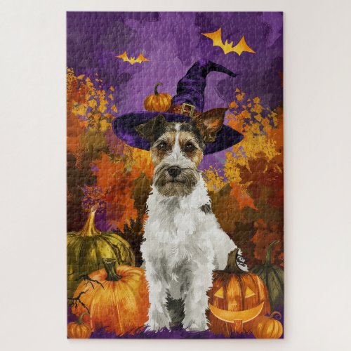 Spooky Wirefox Terrier Dog Halloween Witch Pumpkin Jigsaw Puzzle