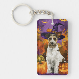 Spooky Wirefox Terrier Dog Halloween Witch Pumpkin Keychain