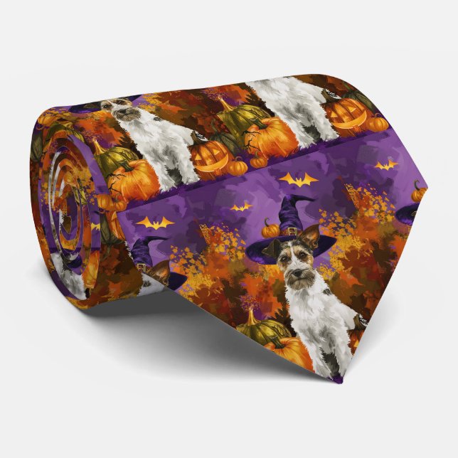 Spooky Wirefox Terrier Dog Halloween Witch Pumpkin Neck Tie (Rolled)