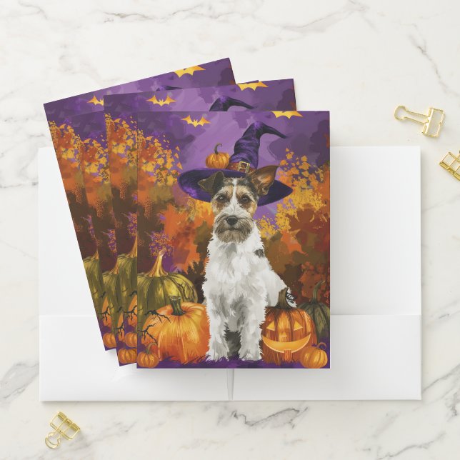 Spooky Wirefox Terrier Dog Halloween Witch Pumpkin Pocket Folder (In Situ)