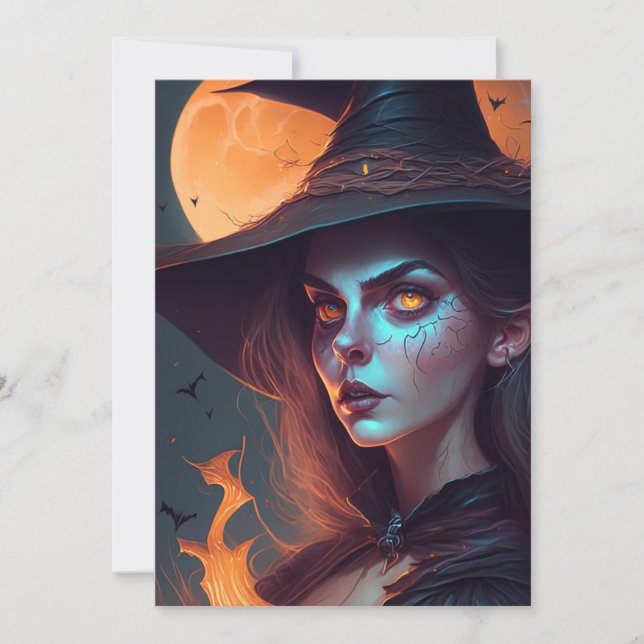 Spooky Witch and Full Moon Halloween Party Invitation (Front)