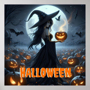 Spooky Witch and Jack-O-Lanterns Poster