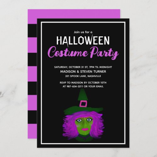 Spooky Witch Black Purple Halloween Costume Party Invitation
