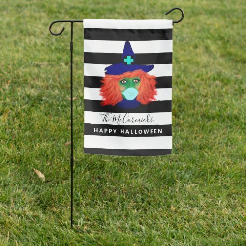 Spooky Witch Black White Halloween Family Name Garden Flag