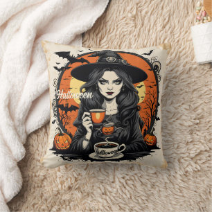 Spooky witch brewing potions on Halloween night Throw Pillow