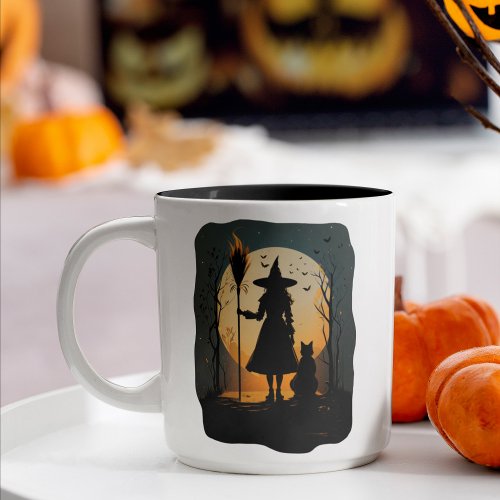 Spooky Witch Cat Broom Glowing Moon Halloween Two_Tone Coffee Mug