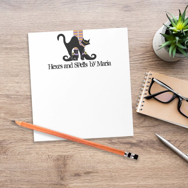 Spooky Witch Cat Personalized Halloween Desk  Notepad (Spooky witch cat Halloween desk stationery with personalized name header.)