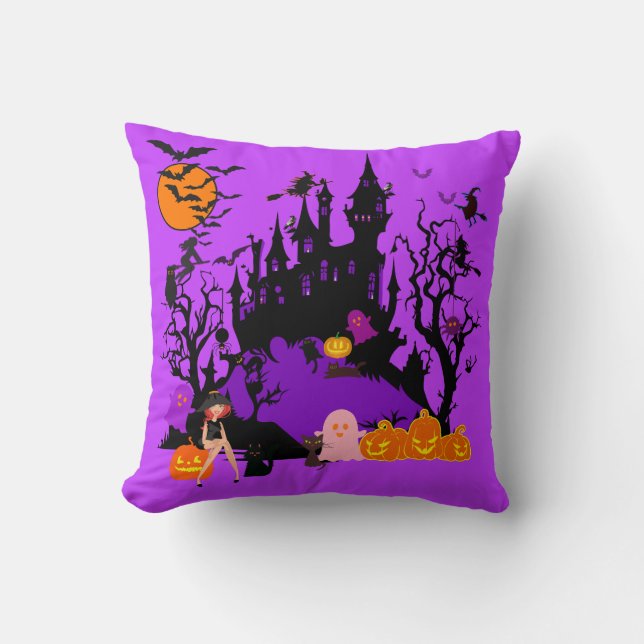Spooky Witch & Friends Throw Pillow (Front)