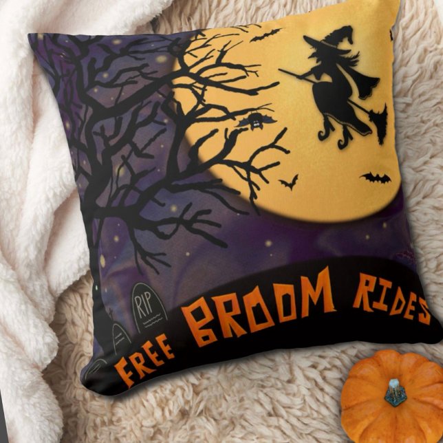 Spooky Witch Halloween Night Free Broom Rides  Throw Pillow (Creator Uploaded)