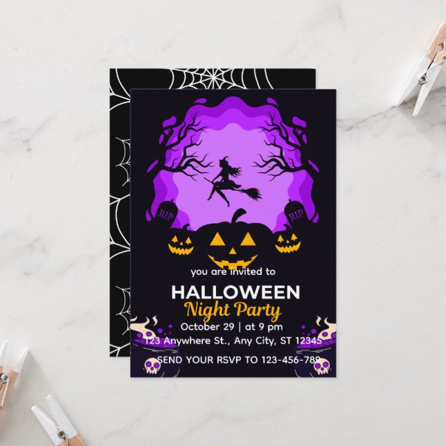 Spooky Witch Halloween Night Party Invitation (Front/Back In Situ)