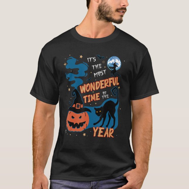 Spooky Witch Hat Pumpkin And Black Cat  Halloween T-Shirt (Front)