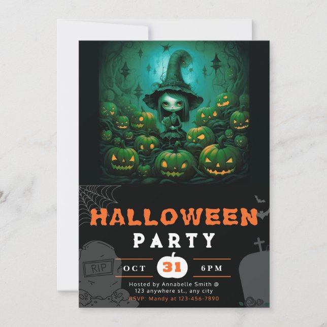 Spooky Witch Jack-O' Lanterns Full Moon Halloween Invitation (Front)