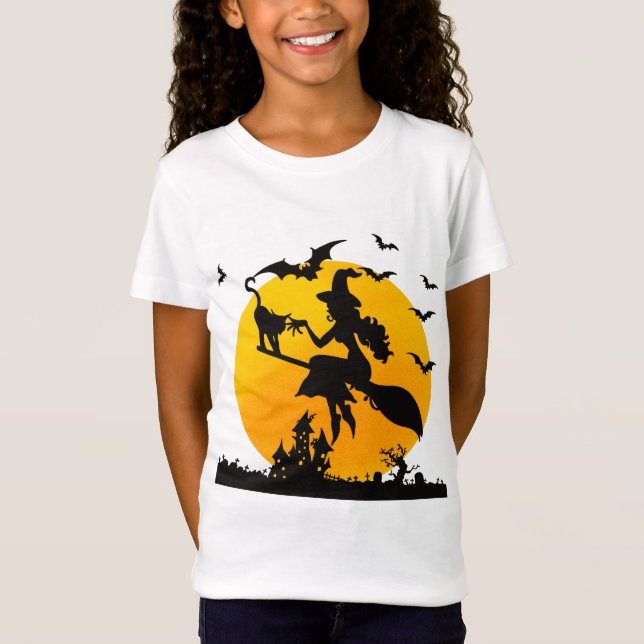 Spooky Witch on a broom with cat Halloween fun T-Shirt (Front)