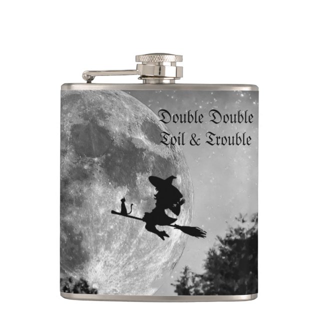 Spooky Witch on Broom Full Moon Halloween Flask (Front)