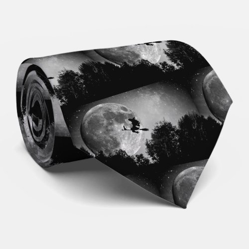 Spooky Witch on Broom Full Moon Halloween Neck Tie