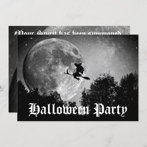 Spooky Witch on Broom Full Moon Halloween Party Invitation