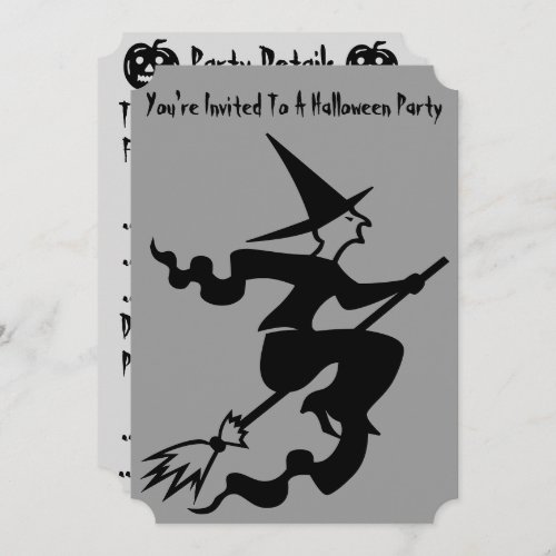 spooky witch on broomstick halloween party invitation