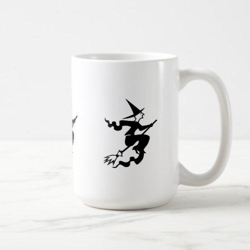 spooky witch on flying broomstick for halloween coffee mug