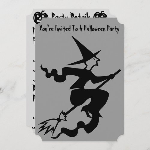 spooky witch on flying broomstick fun party invite