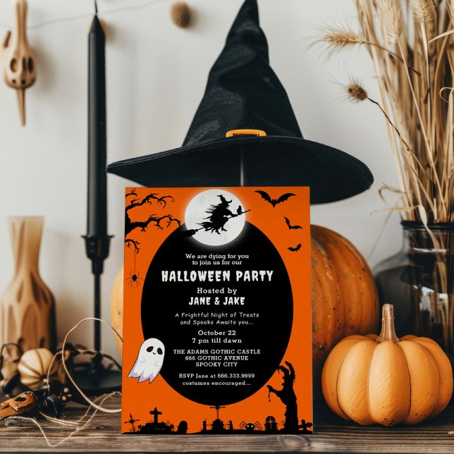Spooky Witch Over The Moon Orange Halloween Party Invitation (Creator Uploaded)