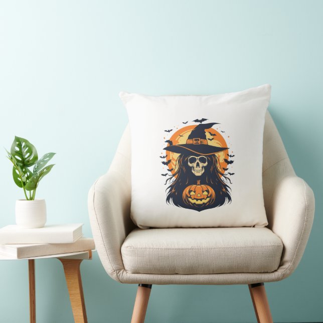 Spooky witch with a pumpkin throw pillow (Chair)