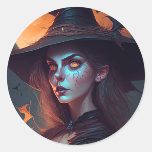 Spooky Witch with Moon Background Halloween Classic Round Sticker