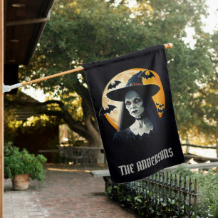 Spooky Witch with Moon & Bats Halloween Signature House Flag