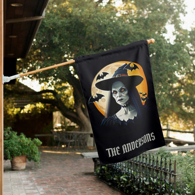 Spooky Witch with Moon & Bats Halloween Signature  House Flag (In SItu)