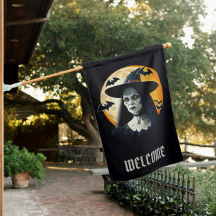 Spooky Witch with Moon & Bats Halloween Welcome House Flag