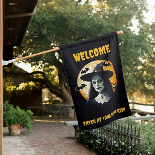 Spooky Witch with Moon  Bats Halloween Welcome  House Flag