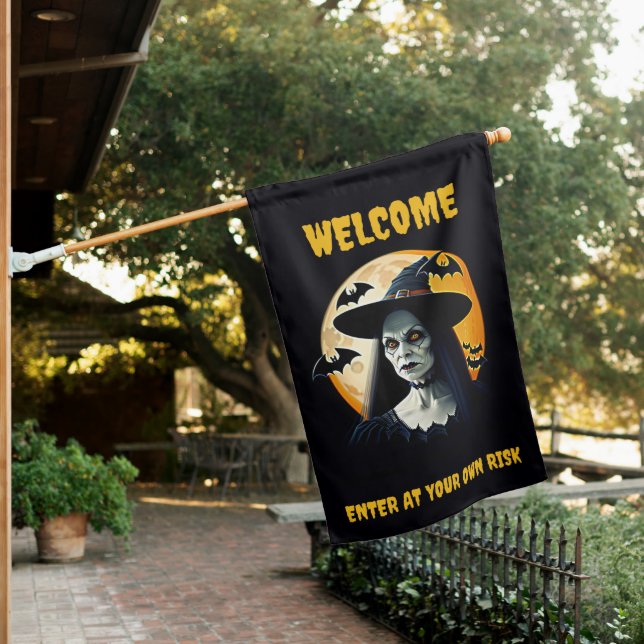 Spooky Witch with Moon & Bats Halloween Welcome  House Flag (In SItu)