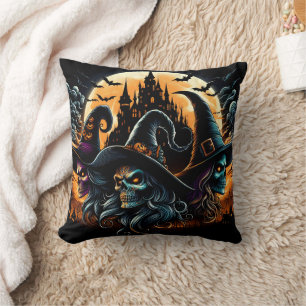 Spooky witches gather under a full moon backdrop throw pillow