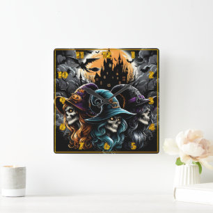 Spooky witches gathering under a full moon square wall clock