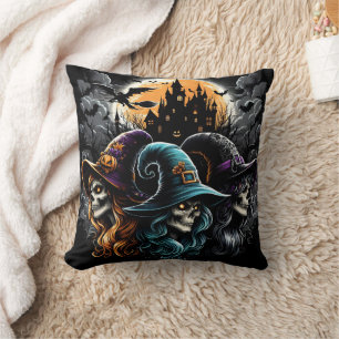 Spooky witches gathering under a full moon throw pillow