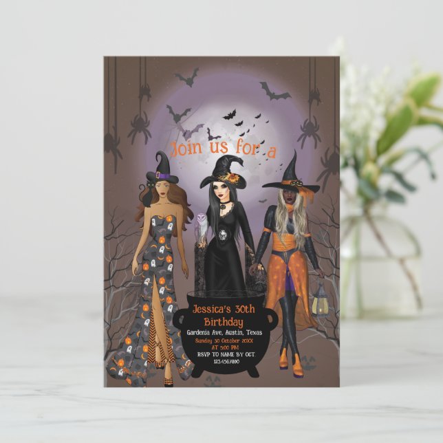 Spooky Witches Halloween Party  Invitation (Standing Front)