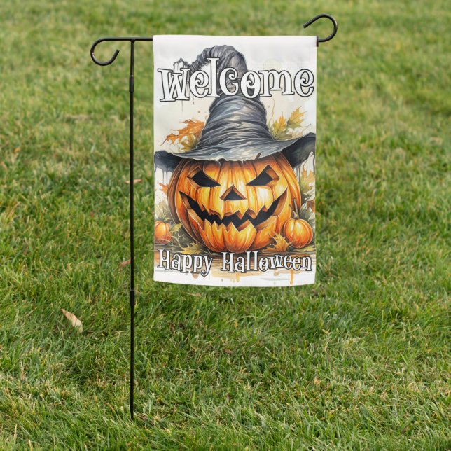 Spooky Witchy Happy Halloween Pumpkin Garden Flag (In SItu)