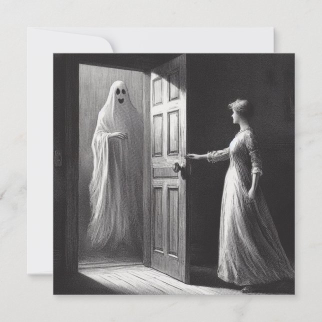 Spooky Woman and Ghost Guest Vintage Illustration Card (Front)