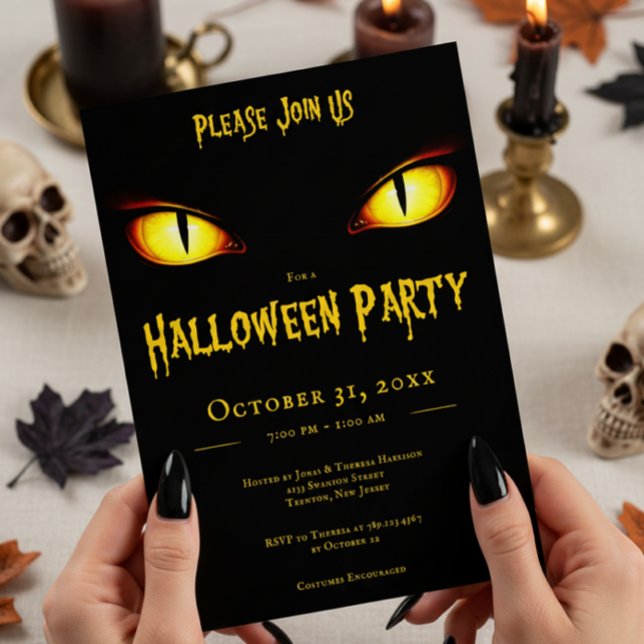 Spooky Yellow Black Cat Eyes Adult Halloween Party Invitation (Creator Uploaded)