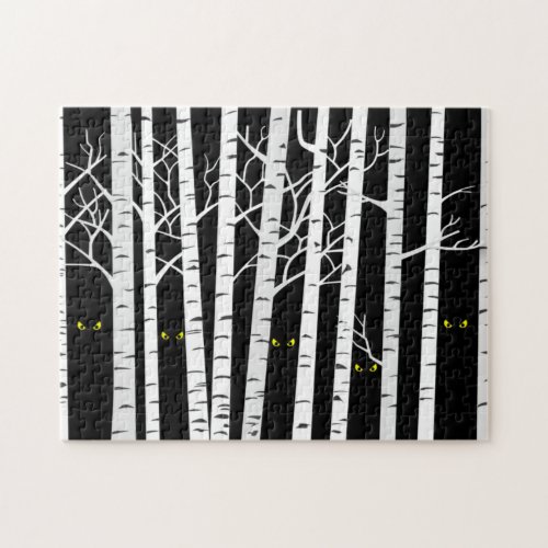 Spooky Yellow Halloween Eyes in Birch Forest Jigsaw Puzzle