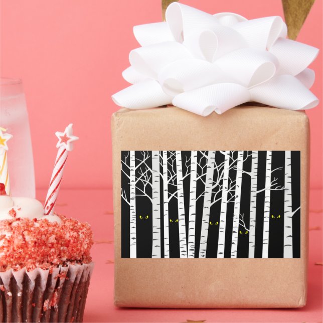 Spooky Yellow Halloween Eyes in Birch Forest Rectangular Sticker (Party)